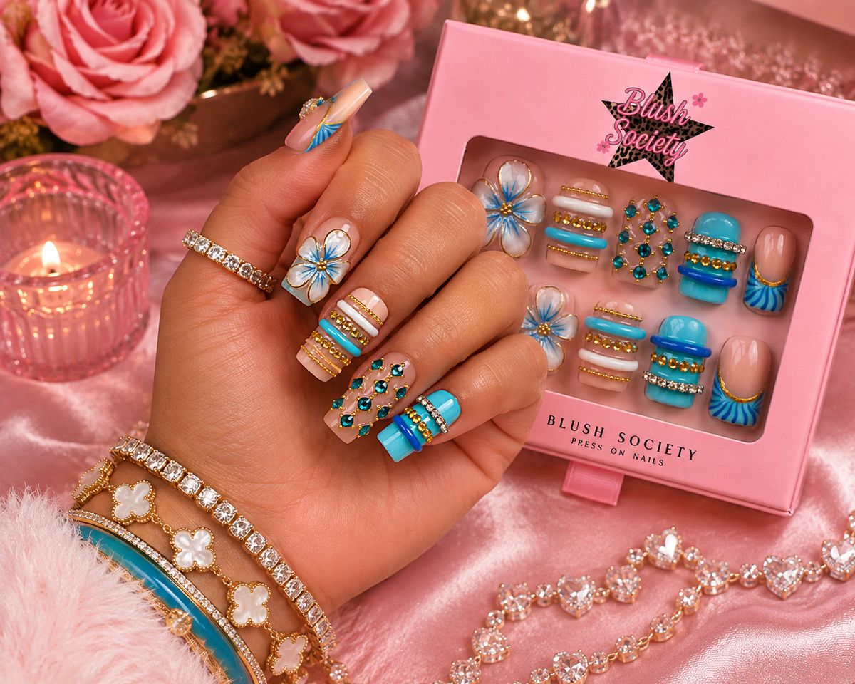 Blush Blue Bloom short square press-on nails by Blush Society