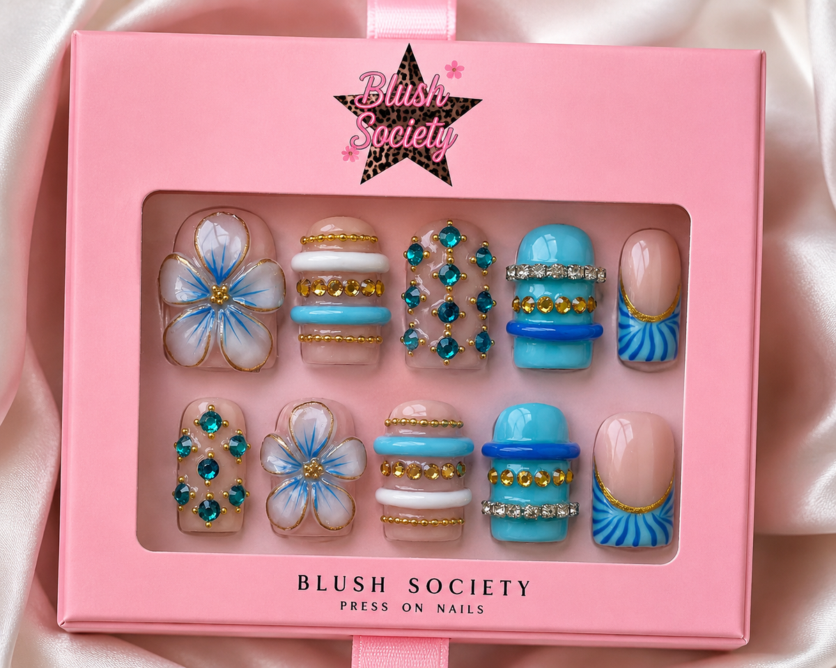 Blush Blue Bloom press-on nail set product detail by Blush Society