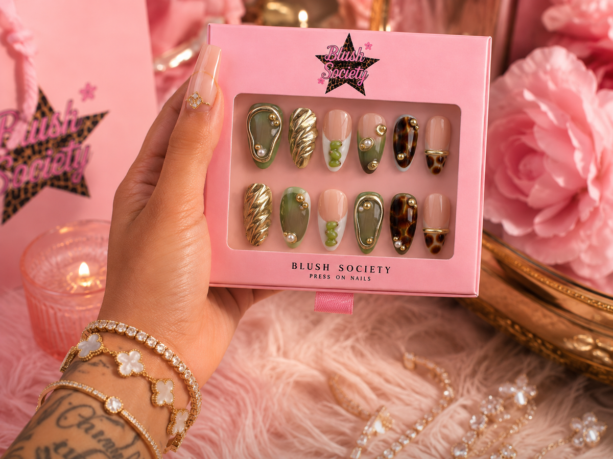 Olive Tortoise Luxe 3D Press-On Nail Set 💚✨