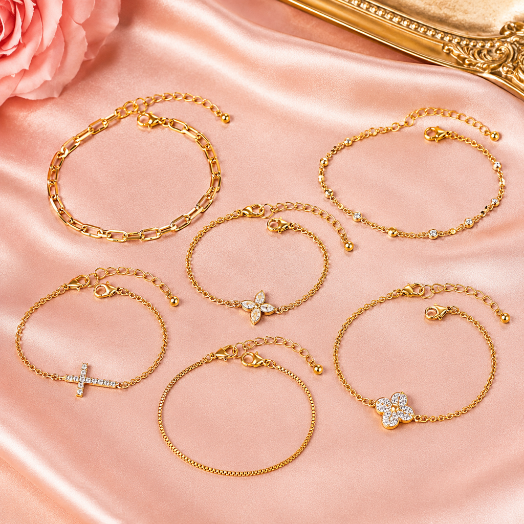 Piece Gold-Tone Cubic Zirconia Cross And Clover Stackable Bracelet Set