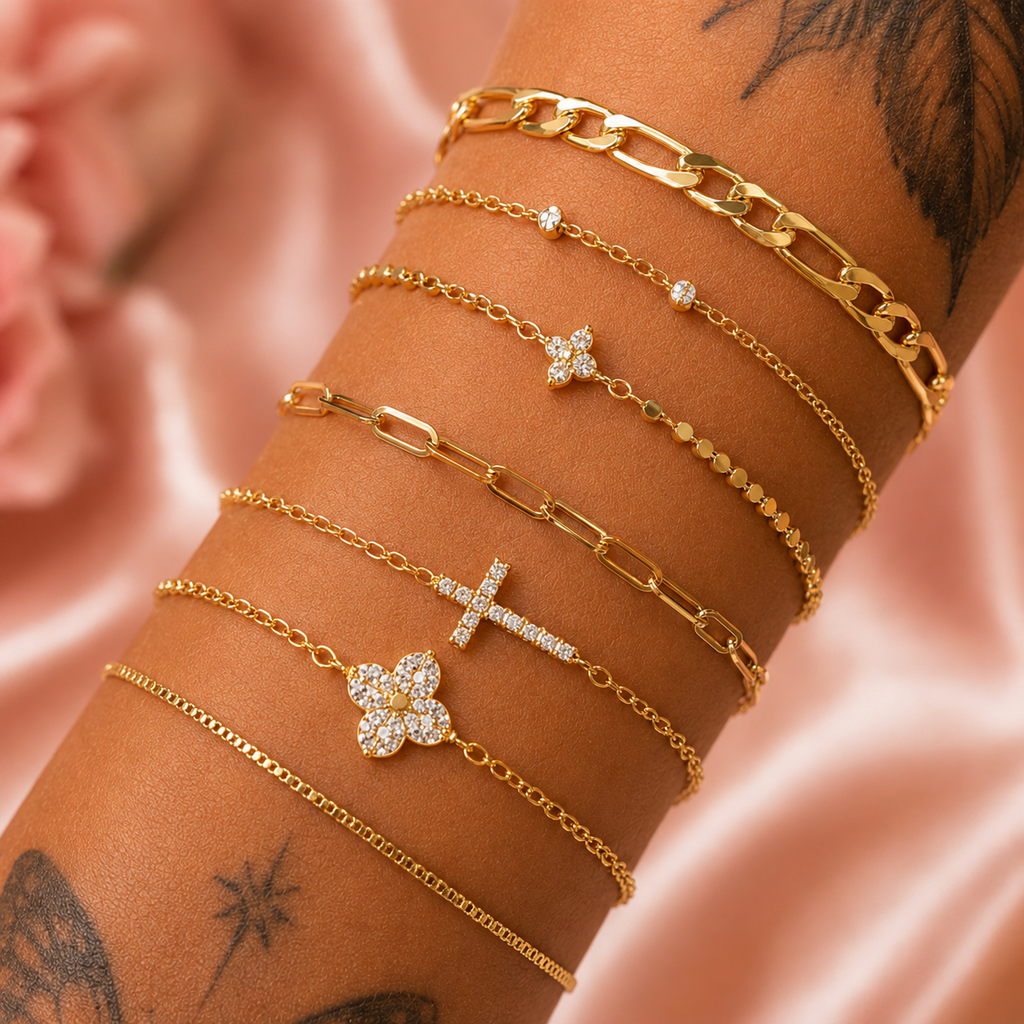 Piece Gold-Tone Cubic Zirconia Cross And Clover Stackable Bracelet Set