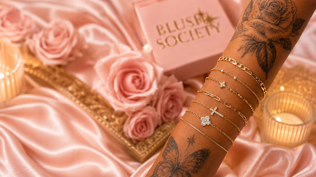 Piece Gold-Tone Cubic Zirconia Cross And Clover Stackable Bracelet Set