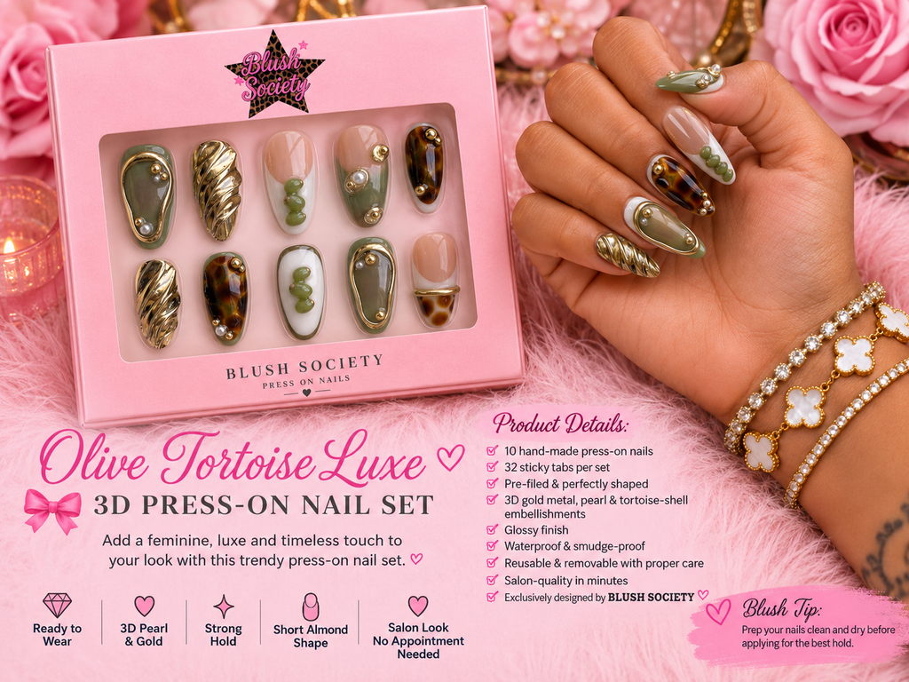 Olive Tortoise Luxe 3D Press-On Nail Set 💚✨