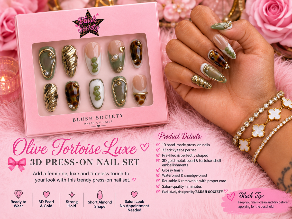 Olive Tortoise Luxe 3D Press-On Nail Set 💚✨