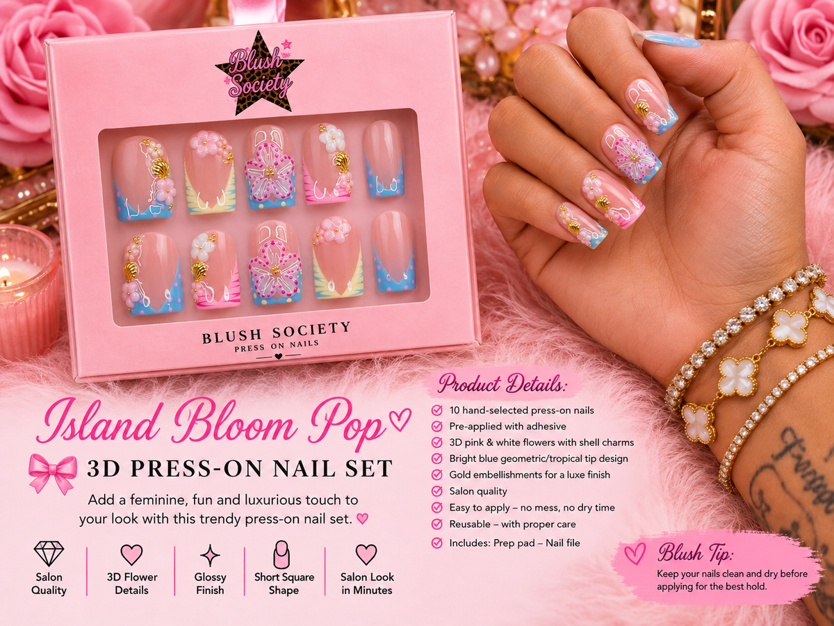 Island Bloom Pop 3D Press-On Nail Set 🌺💙