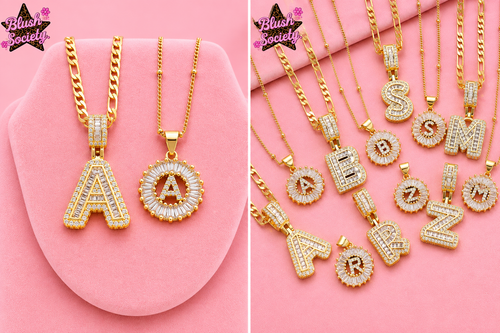 Gold iced initial Figaro chain necklace set - Blush Society