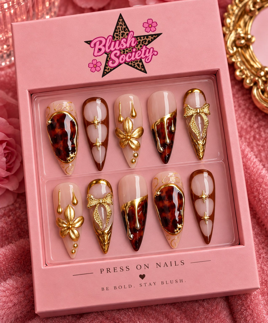 Amber Bow Luxe long press-on nail set in Blush Society pink box