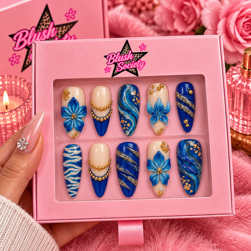 Blue Royal Bloom 3D press-on nails in Blush Society pink box