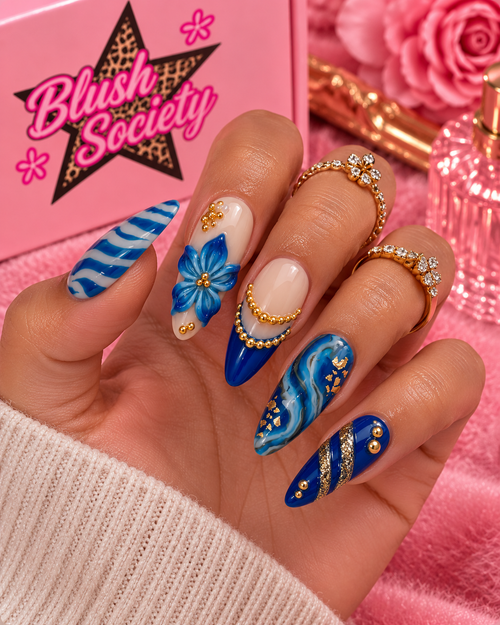 Blue Royal Bloom 3D press-on nails modeled on hand