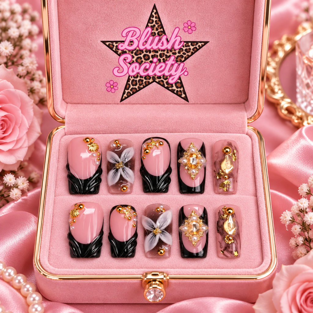 Midnight Bloom press-on nails in Blush Society pink box