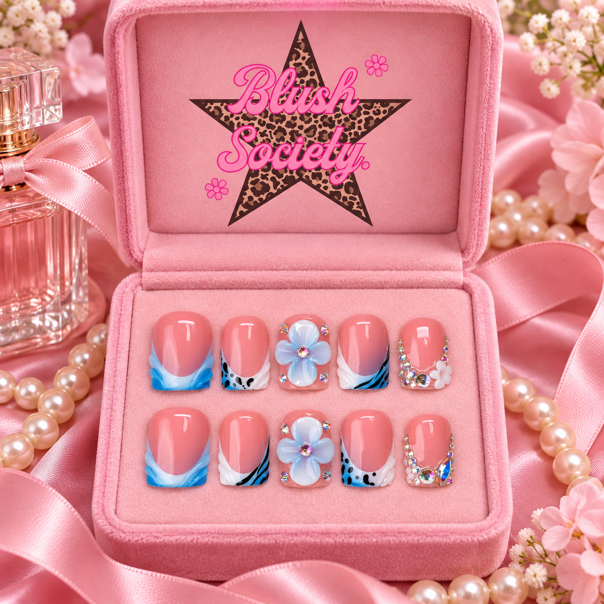 Blue Bloom press-on nails in Blush Society pink box