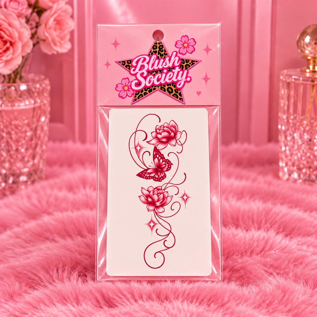 Blush Society red floral butterfly temporary tattoo packaging