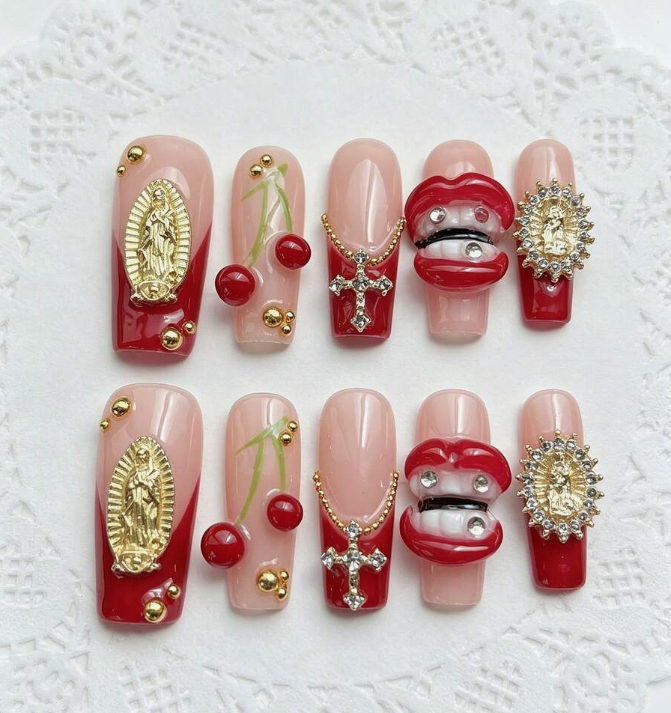 Cherry Riches Luxe long coffin press-on nails