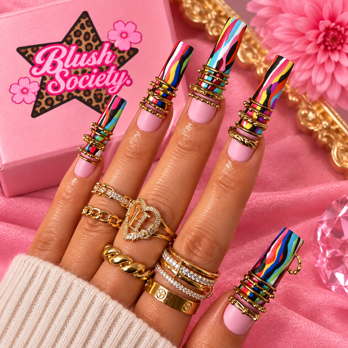 Color Rush Luxe extra-long multicolor coffin press-on nails with gold accents