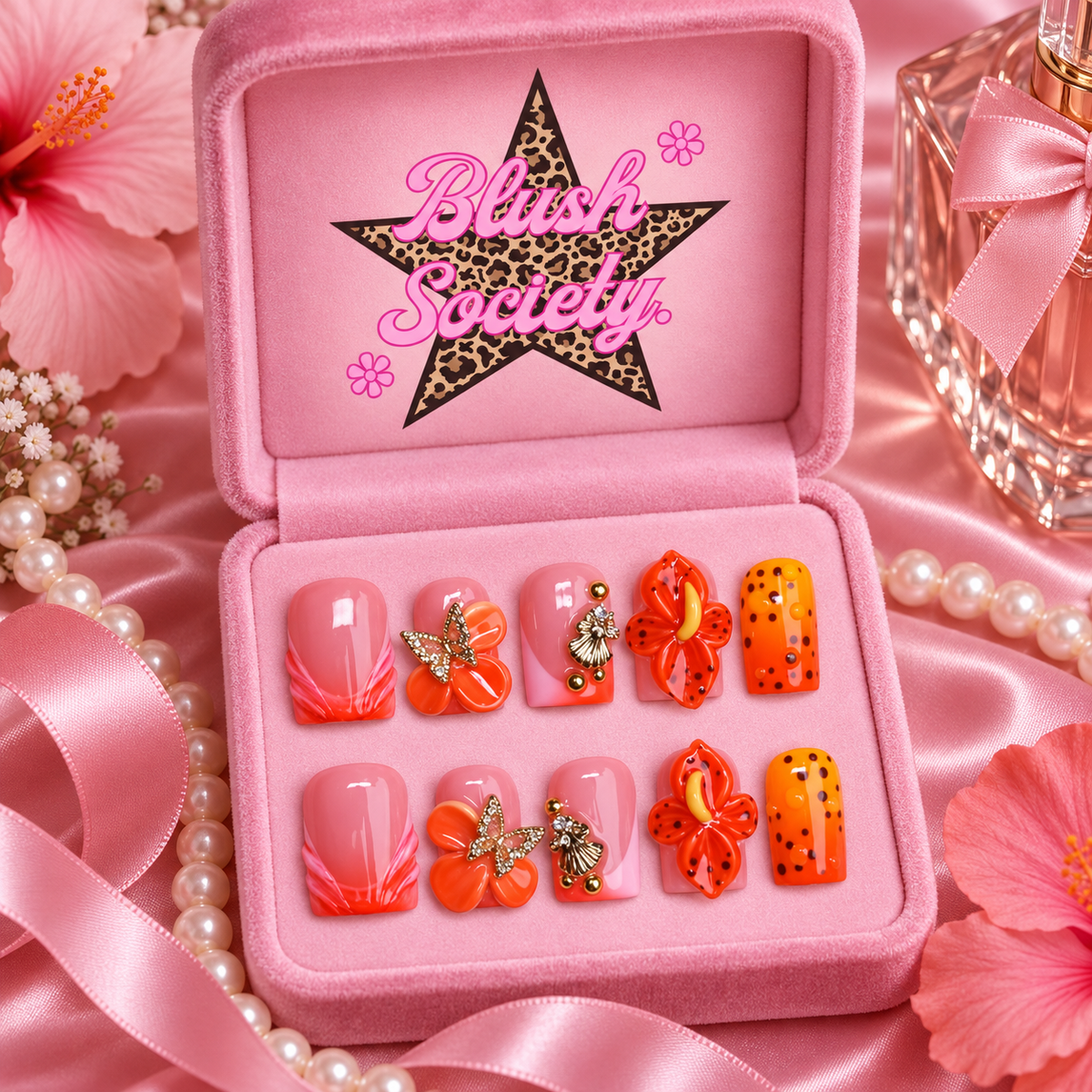 Coral Butterfly press-on nails in Blush Society pink box