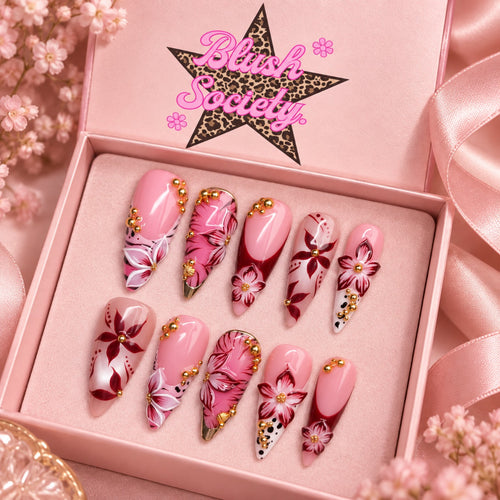 Blush Society floral long press-on nail set in pink display box