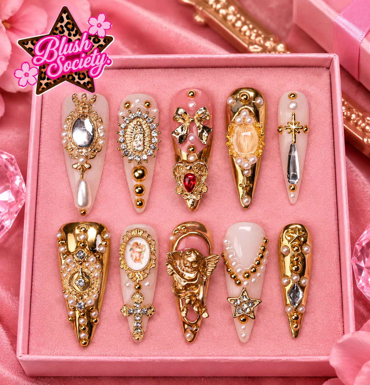 Golden Cherub Luxe long press-on nails with gold charms pearls and rhinestones