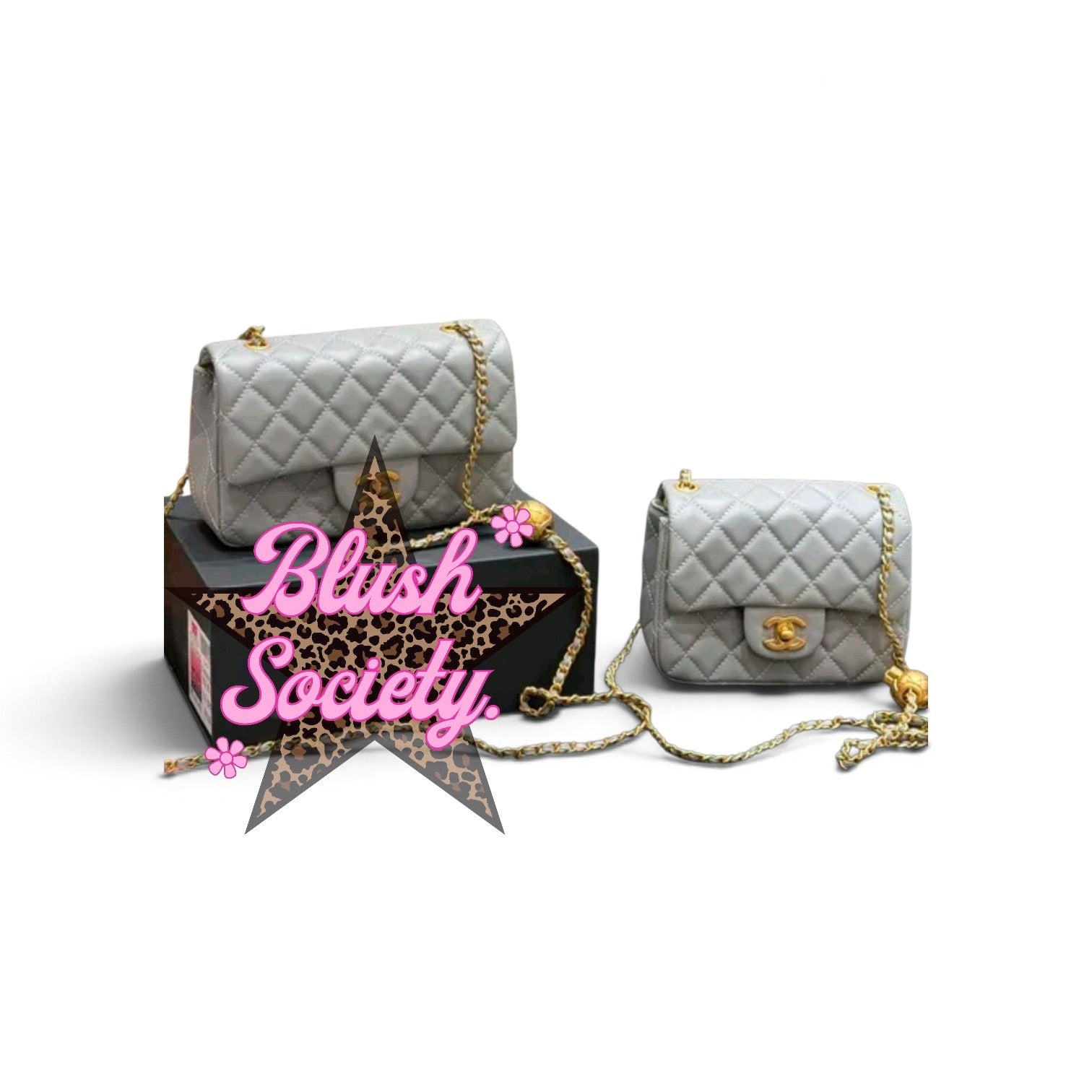 Two Blush Society grey quilted leather shoulder bags with gold chain straps and interlocking logo clasps.