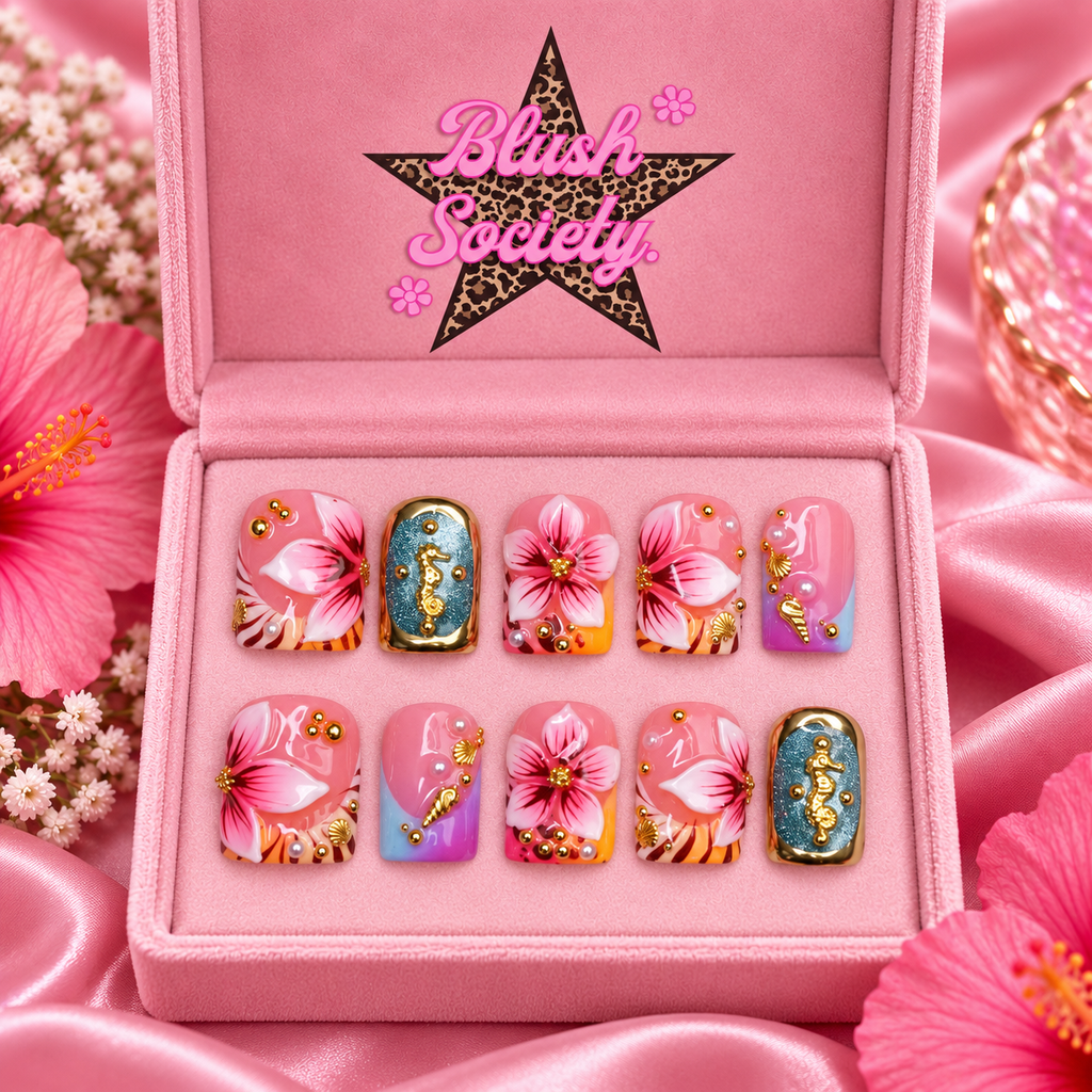 Blush Society tropical floral short square press-on nail set in branded pink box