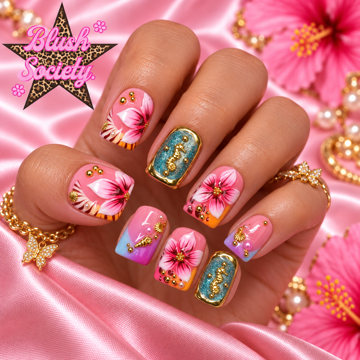Blush Society tropical floral short square press-on nails modeled on hand