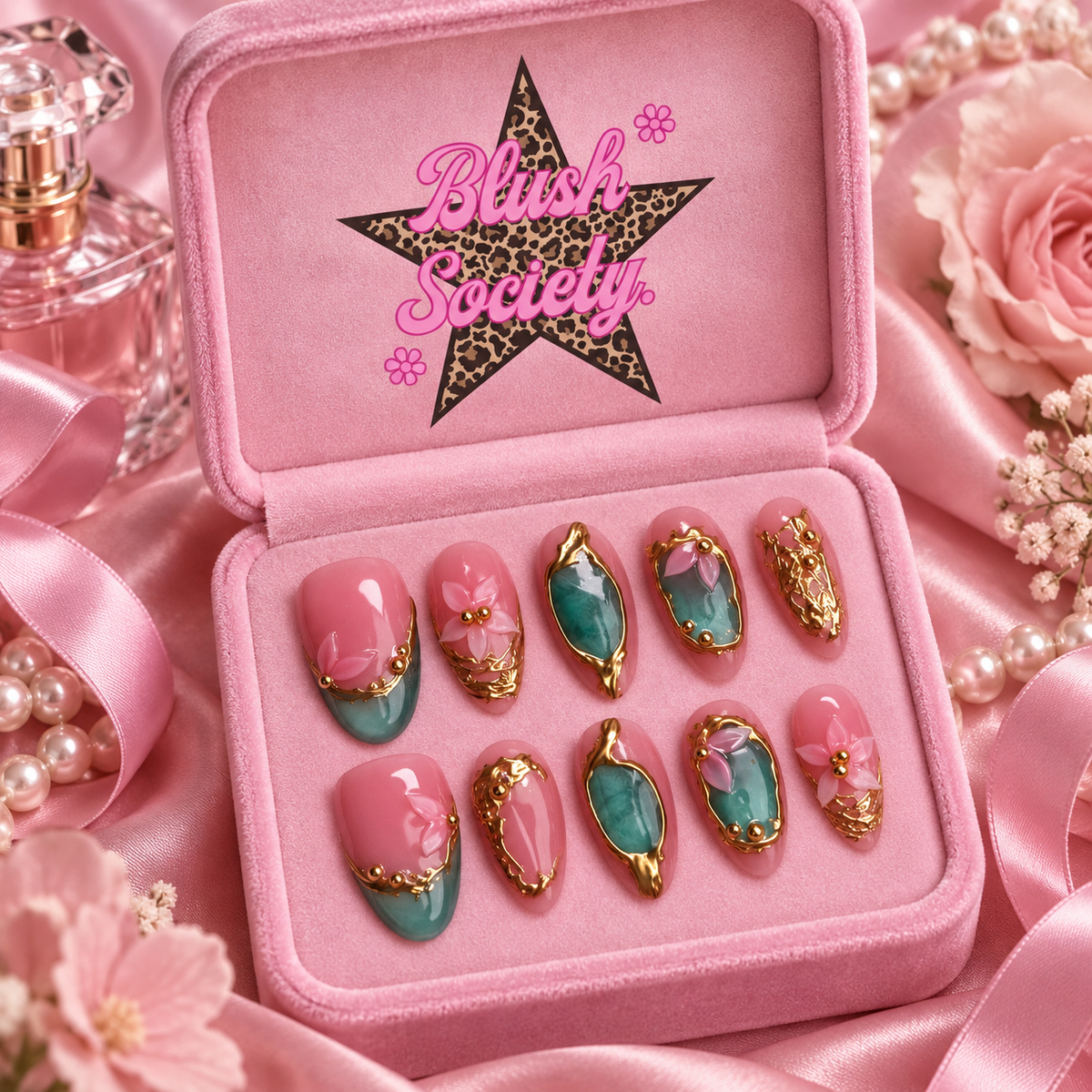 Jade Petal press-on nails in Blush Society pink box
