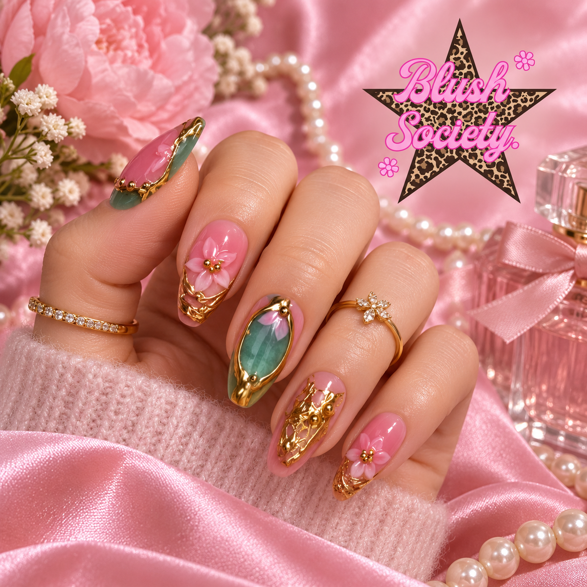 Jade Petal press-on nails modeled on hand