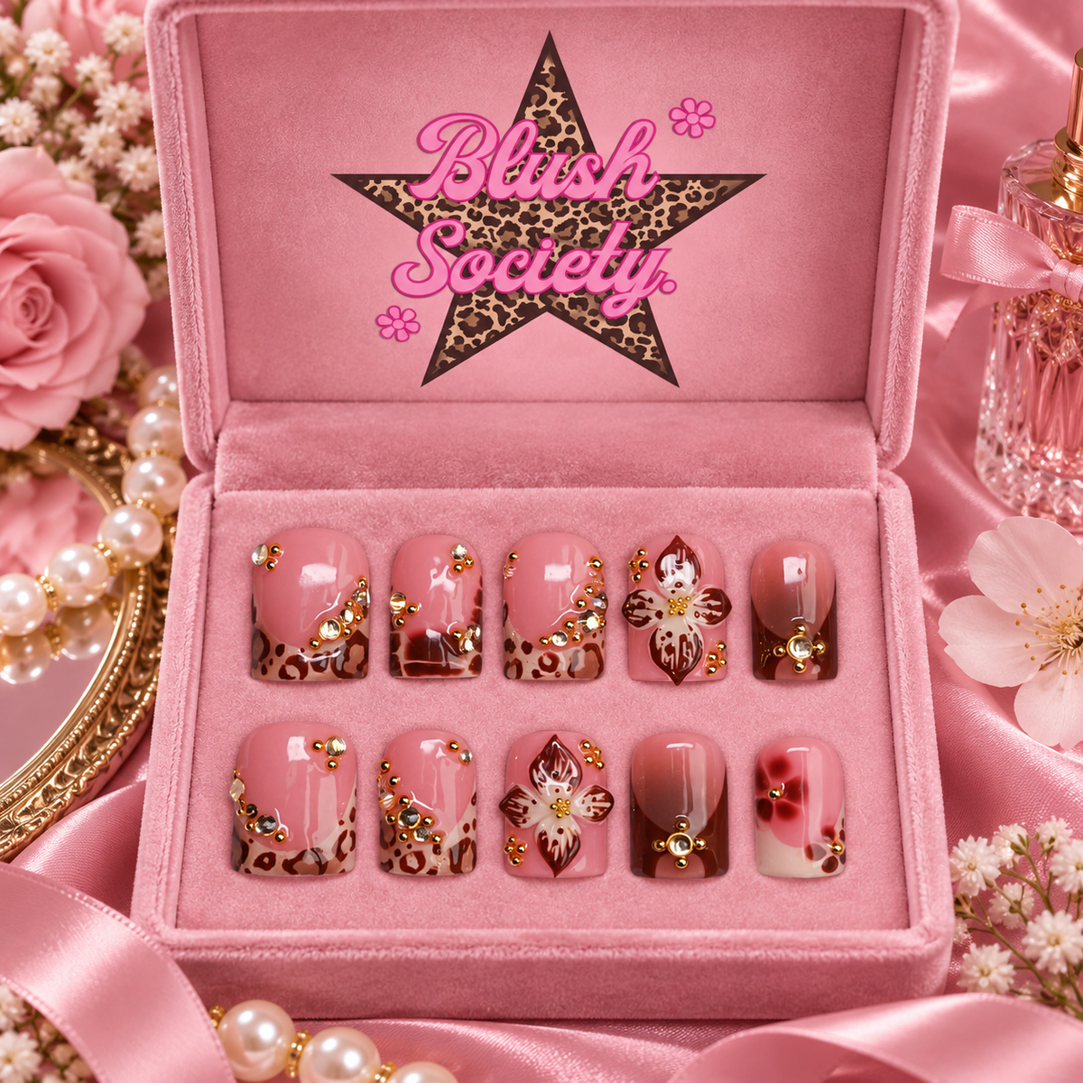 Leopard Romance press-on nails in Blush Society pink box