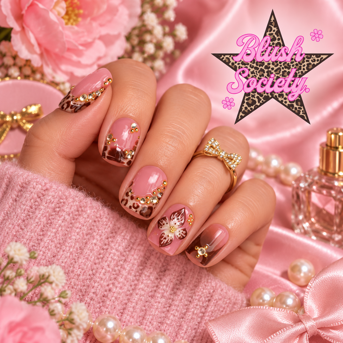 Leopard Romance press-on nails modeled on hand