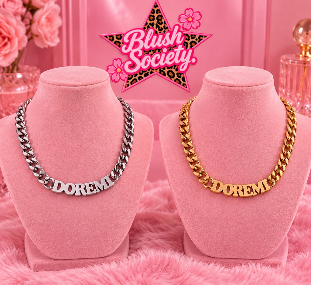 Blush Society personalized name necklace modeled in gold