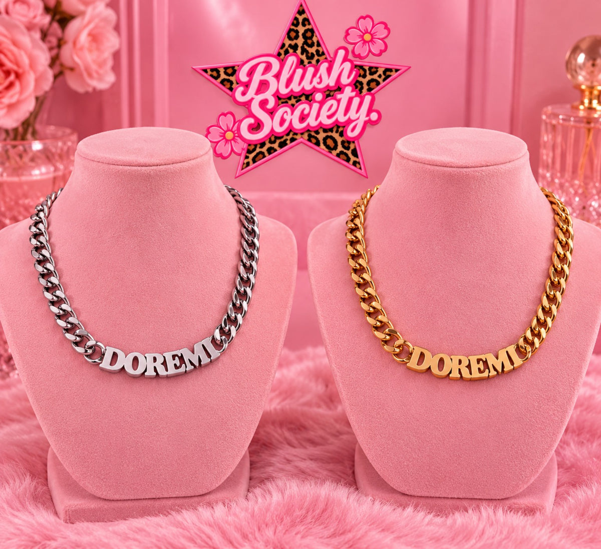 Blush Society personalized name necklace modeled in gold