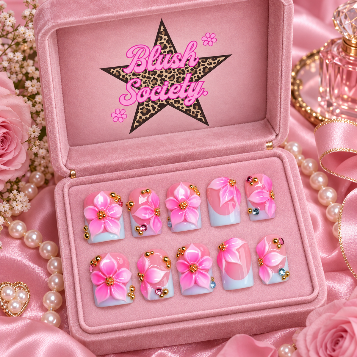 Bubblegum Blossom press-on nails in Blush Society pink box