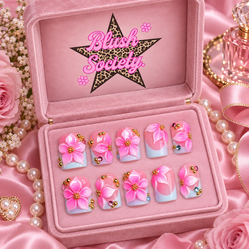Bubblegum Blossom press-on nails in Blush Society pink box