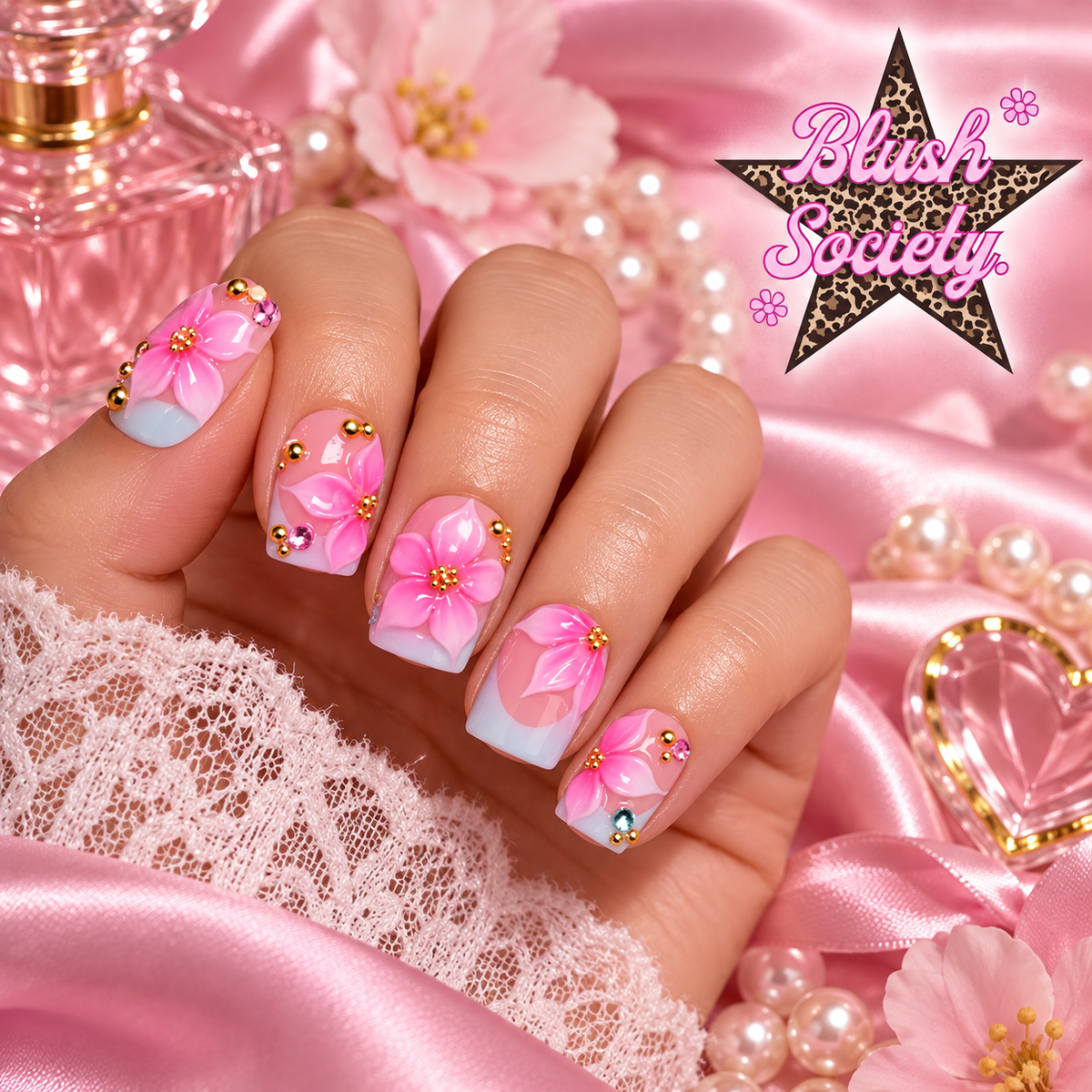 Bubblegum Blossom press-on nails modeled on hand