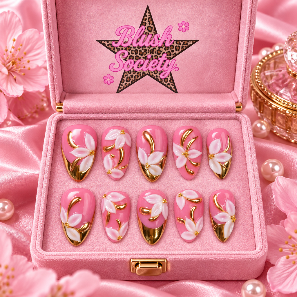 Golden Petal press-on nails in Blush Society pink box