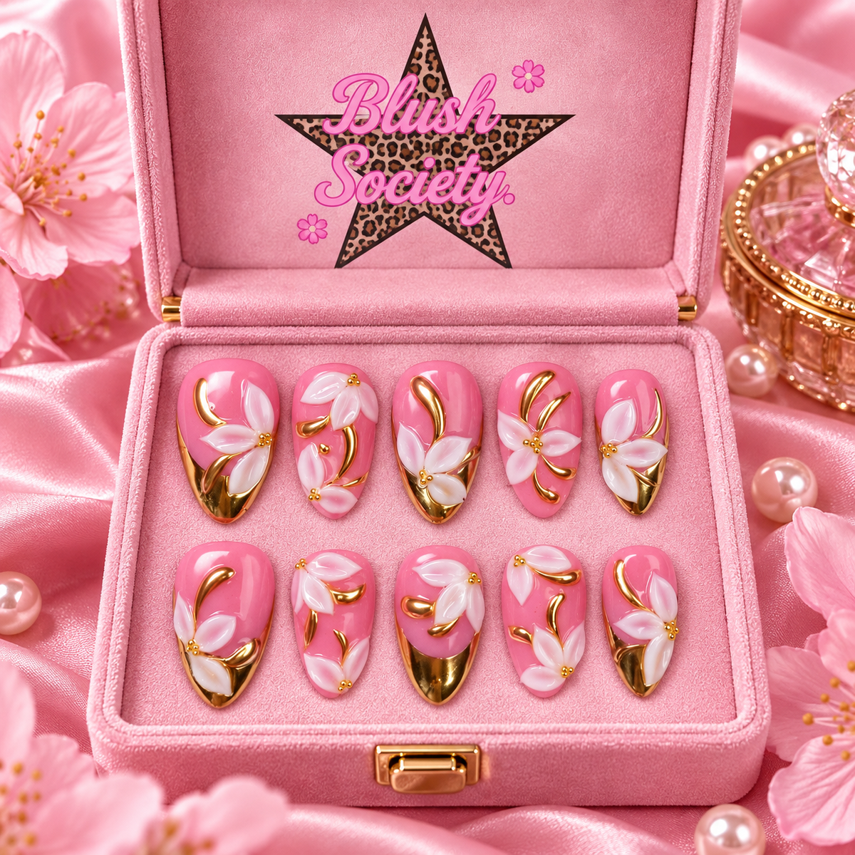 Golden Petal press-on nails in Blush Society pink box