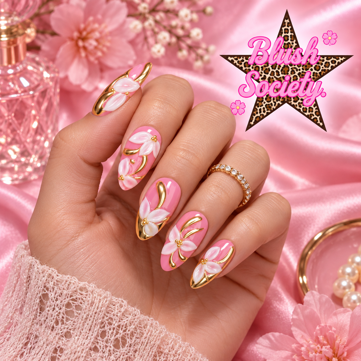 Golden Petal press-on nails modeled on hand