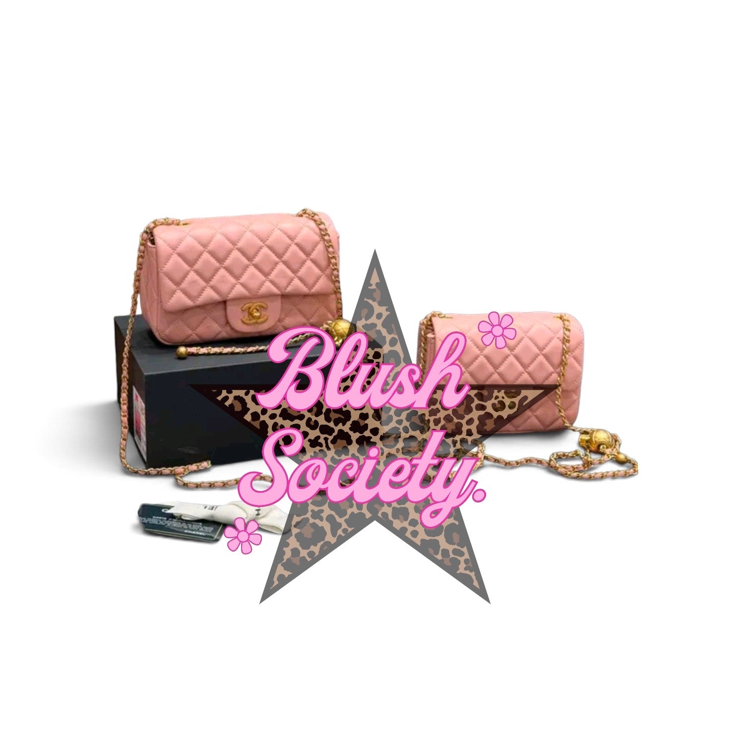 Blush Society pink quilted leather shoulder bags with gold chain straps and logo clasps on a black display box