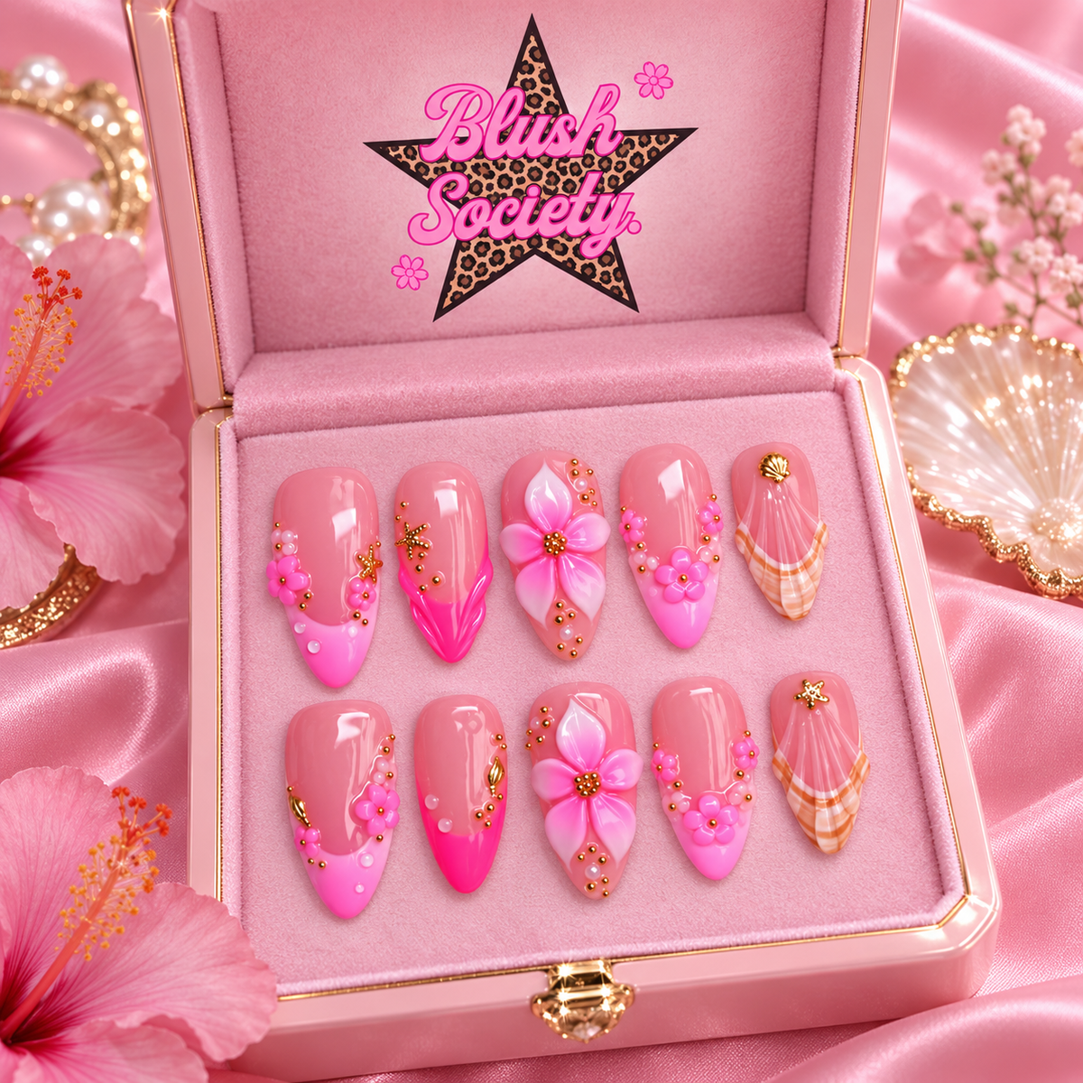 Pink Paradise press-on nails in Blush Society pink box