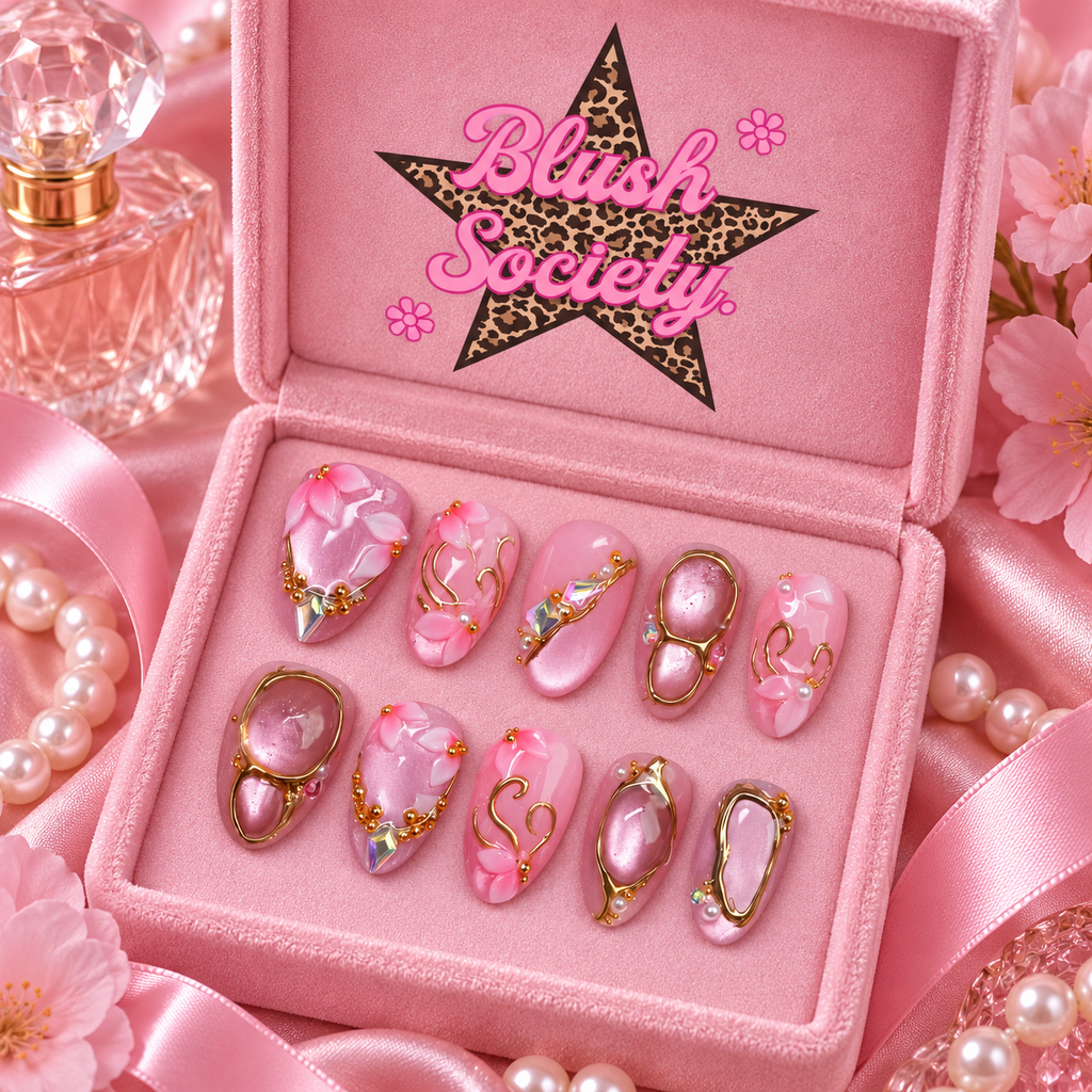Rose Gilded Gem press-on nails in Blush Society pink box