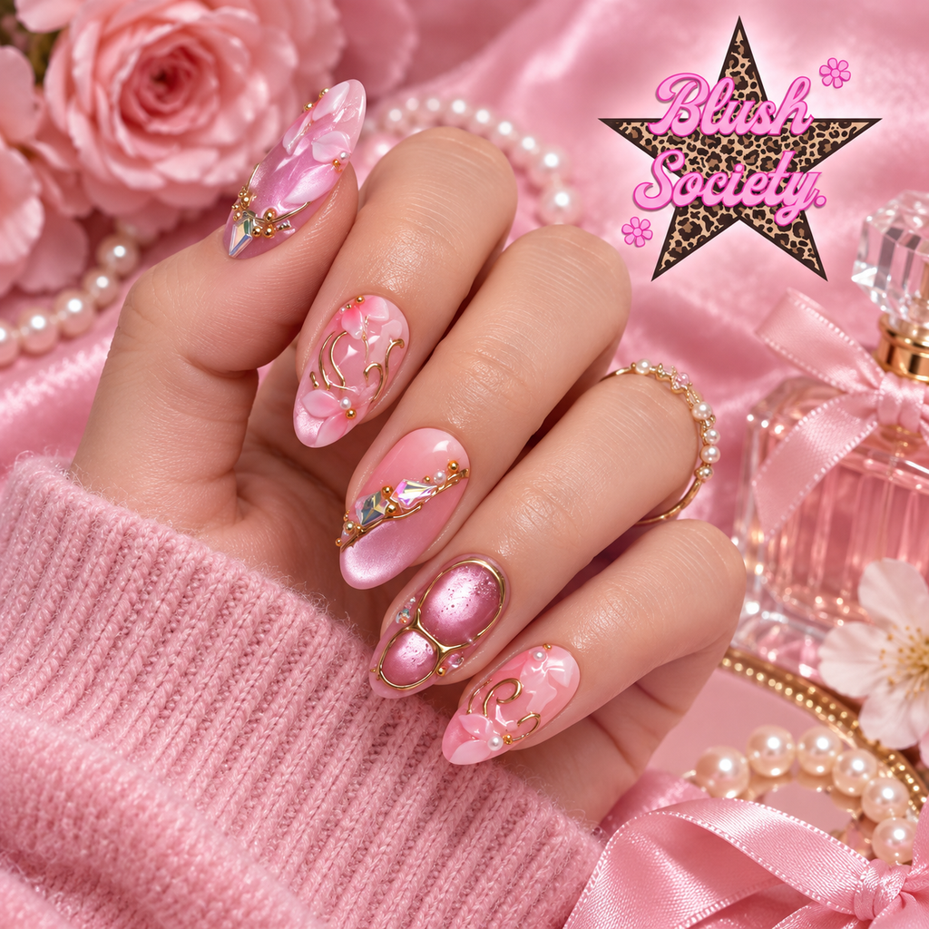 Rose Gilded Gem press-on nails modeled on hand
