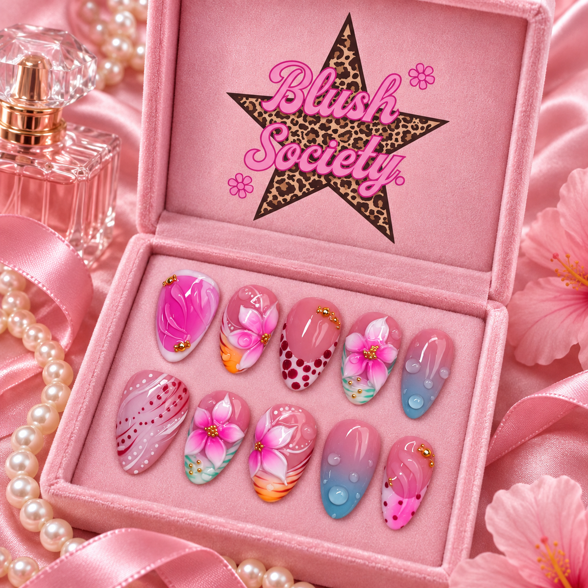 Tropical Petal press-on nails in Blush Society pink box