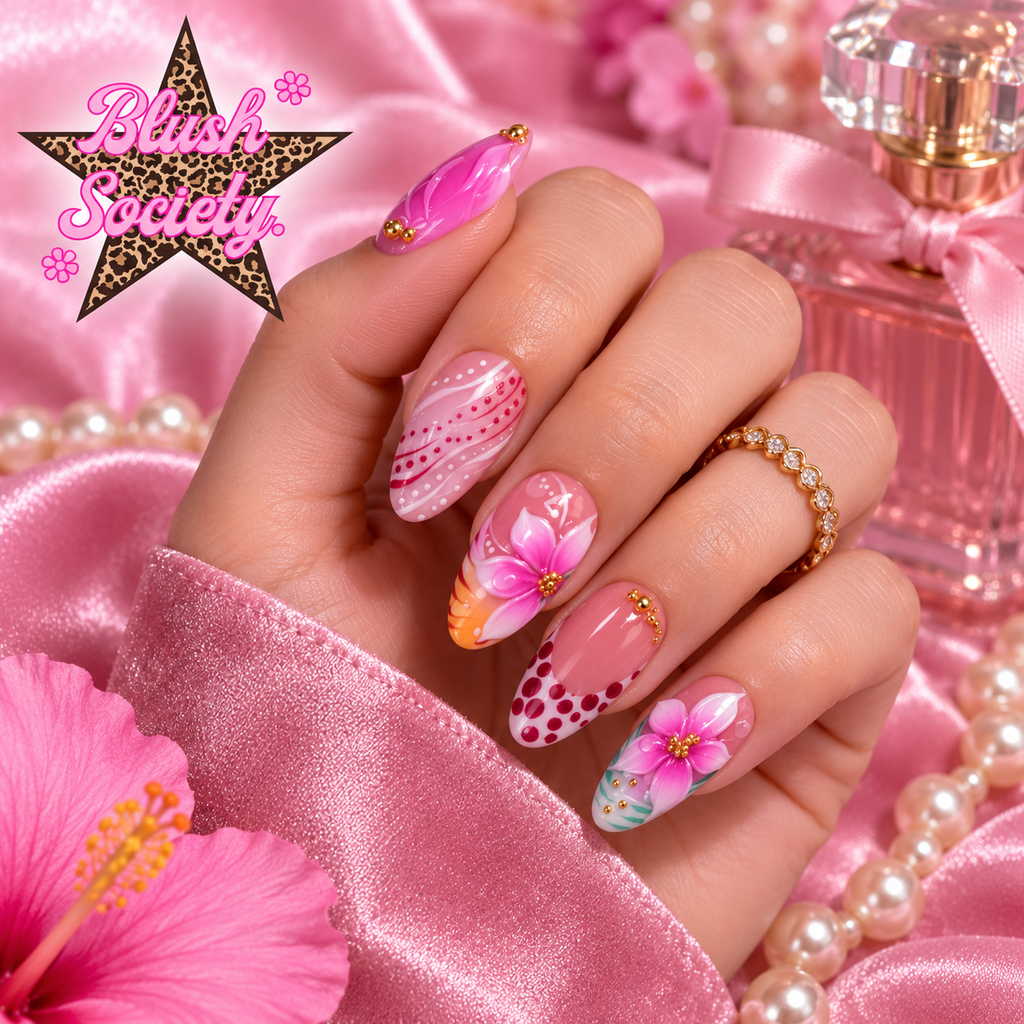 Tropical Petal press-on nails modeled on hand