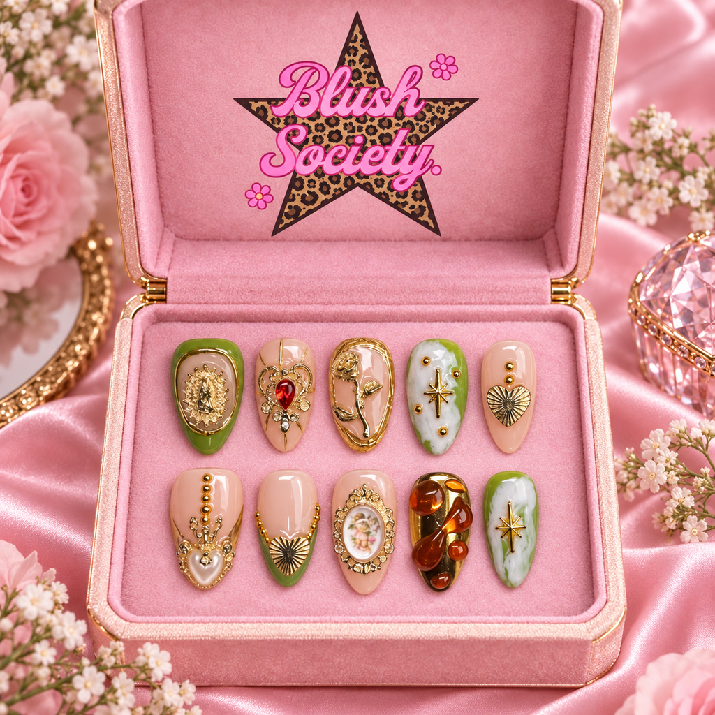 Vintage Charm press-on nails in Blush Society pink box