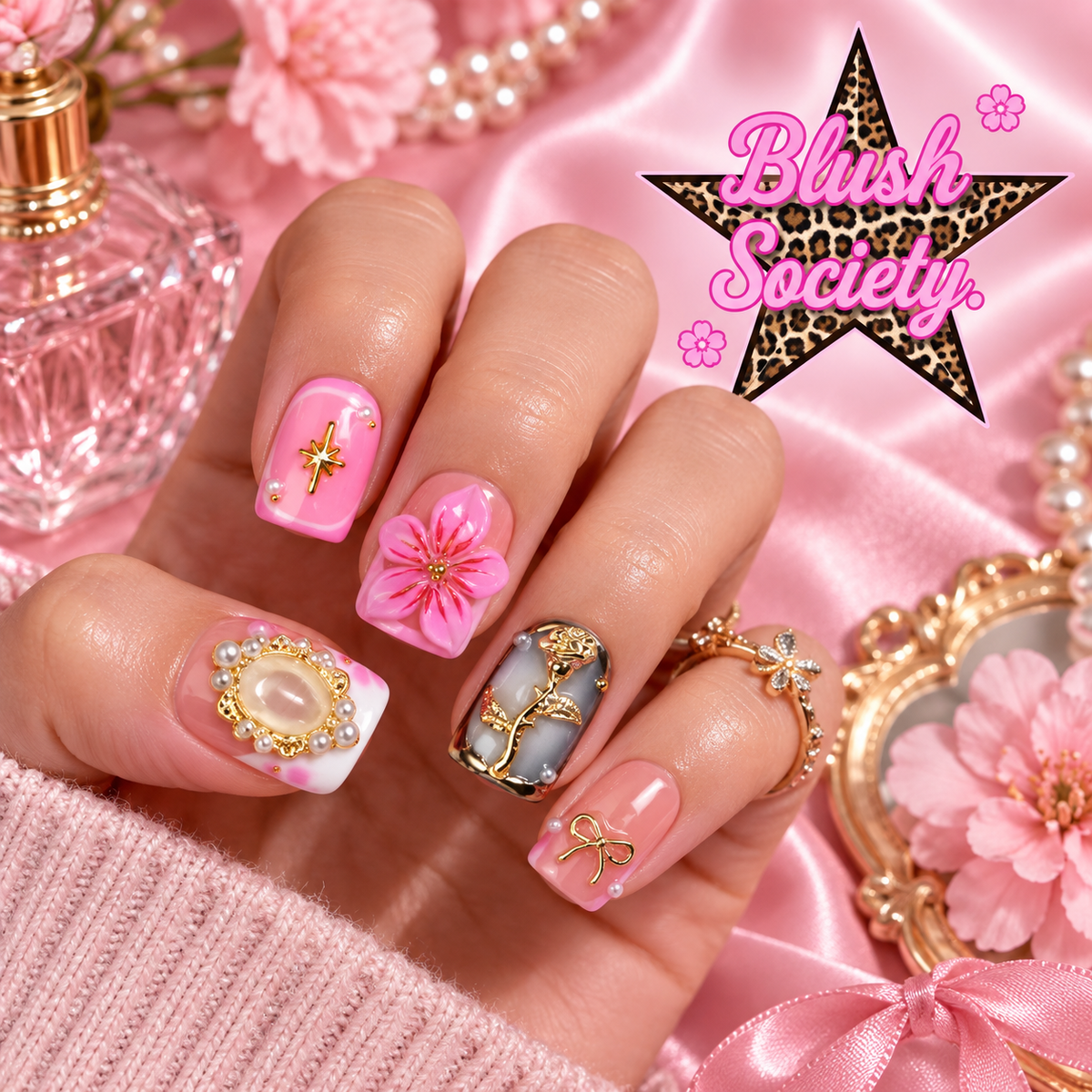 Pearl Muse press-on nails modeled on hand