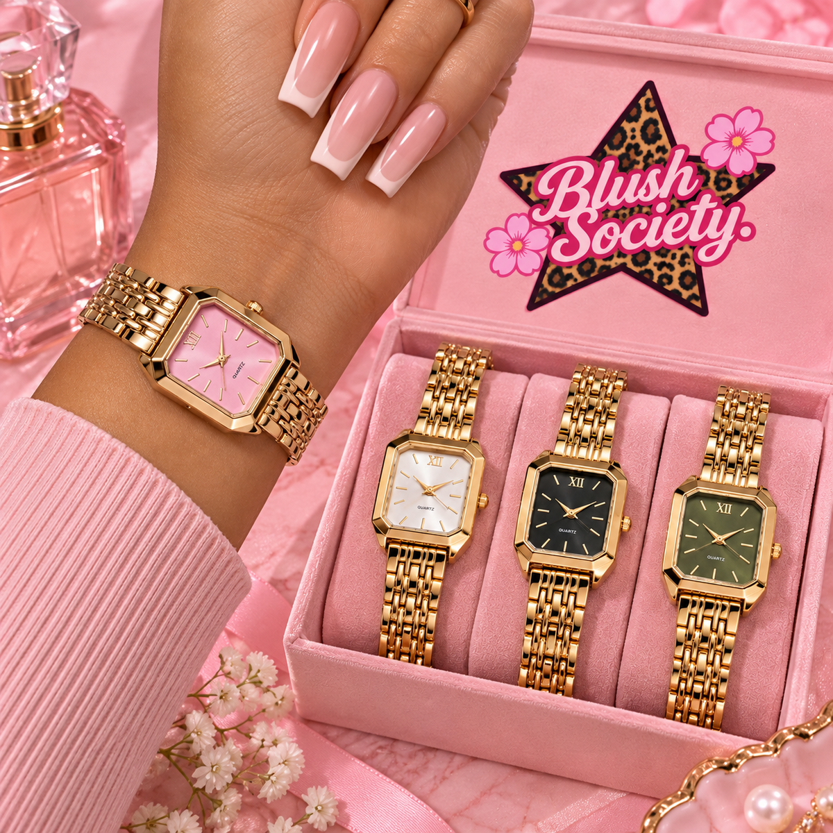 Blush Society gold square watch on wrist with light pink luxury background