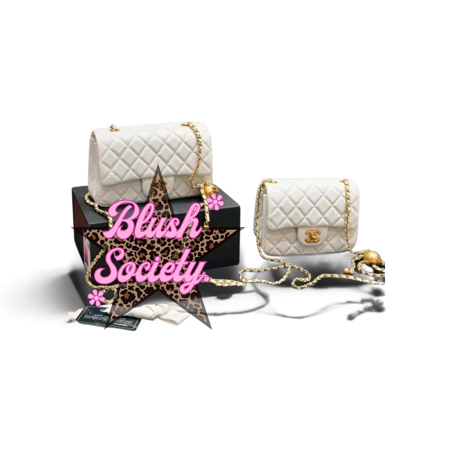 Blush Society white quilted leather shoulder bags with gold chain straps and signature interlocking logo clasps