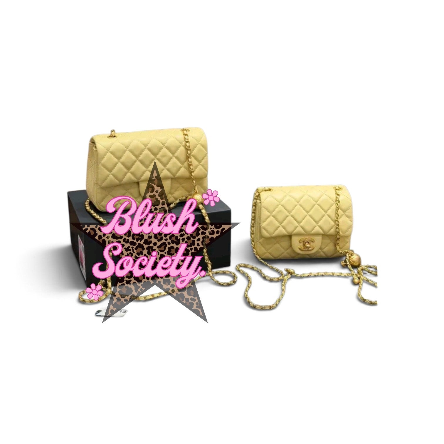 Blush Society quilted yellow leather shoulder bags with gold chain straps and signature clasp on a black box