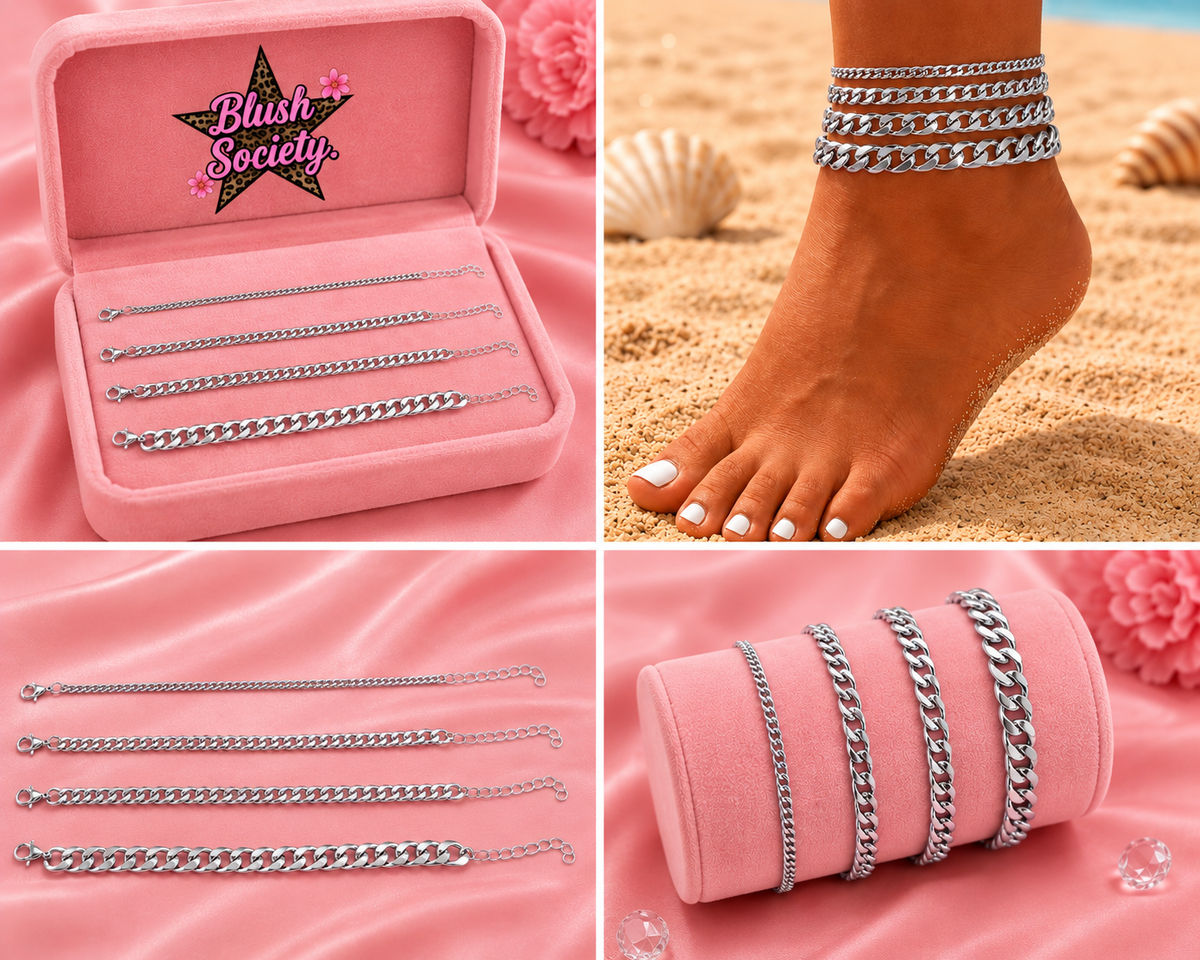 💕 Blush Society 4-Piece Chunky Chain Anklet Set