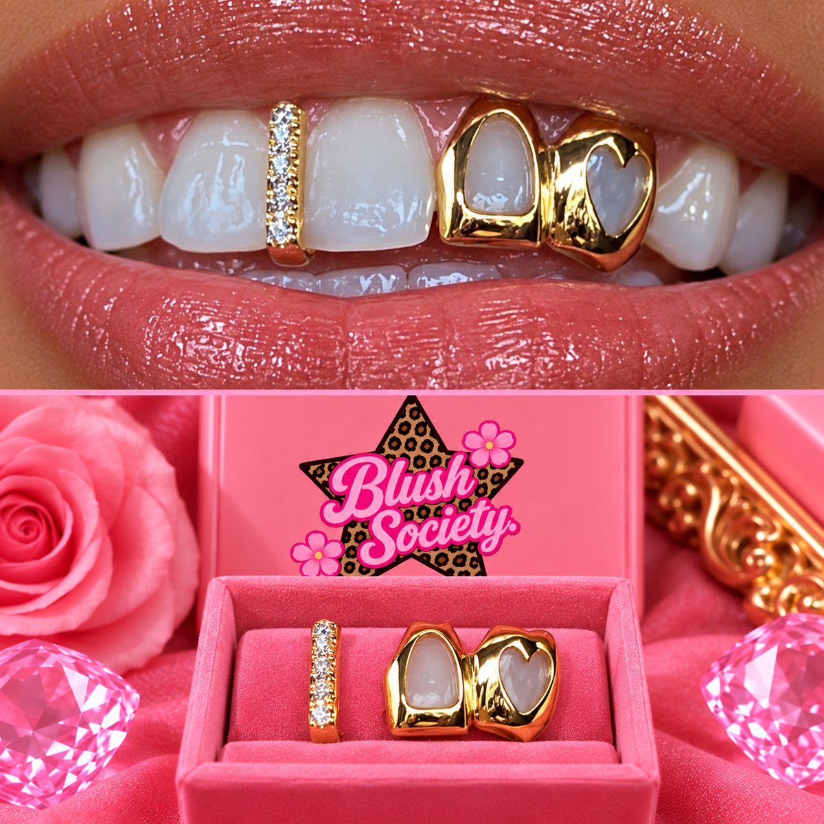 Gold Heart & Crystal Tooth Charm Set – 3-Piece Statement Grillz