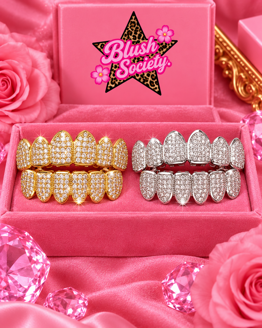 Iced Out Rhinestone Grillz Set – Gold or Silver Upper & Lower Caps